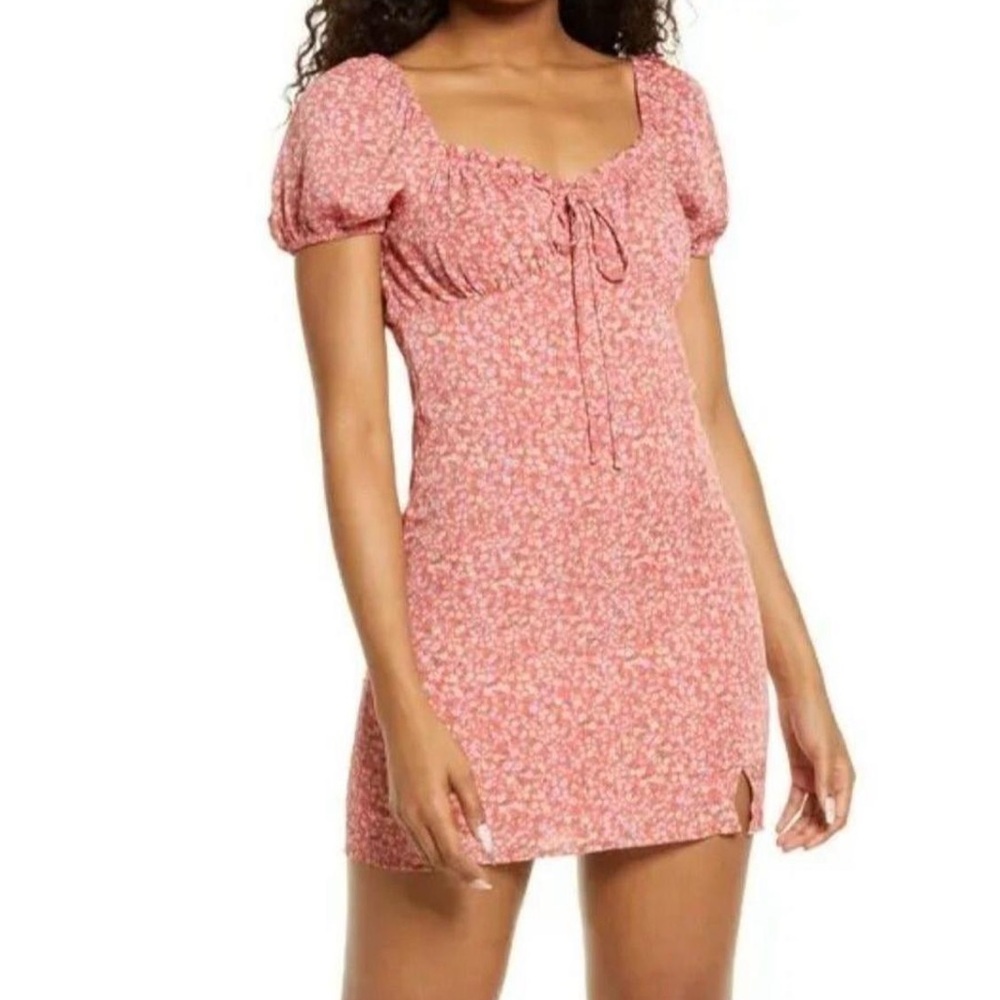 BP Pink Floral Puff-Sleeve Tie-Front Mini Dress